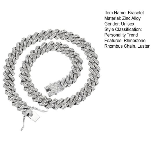 Браслет унисекс со стразами, толстая цепочка в форме ромба, блестящий цинковый сплав, украшения для взрослых, на шею, на запястье, для клуба, вечеринки, подарка на праздник, ожерелье