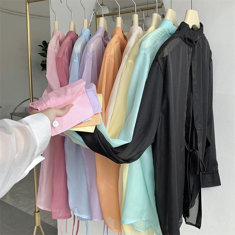 Back Split Lace-up Casual Loose Shirts Women Fashion New See Through Long Sleeve Women's Blouses Thin Breathable Sun Protection Office Lady Tops 26108