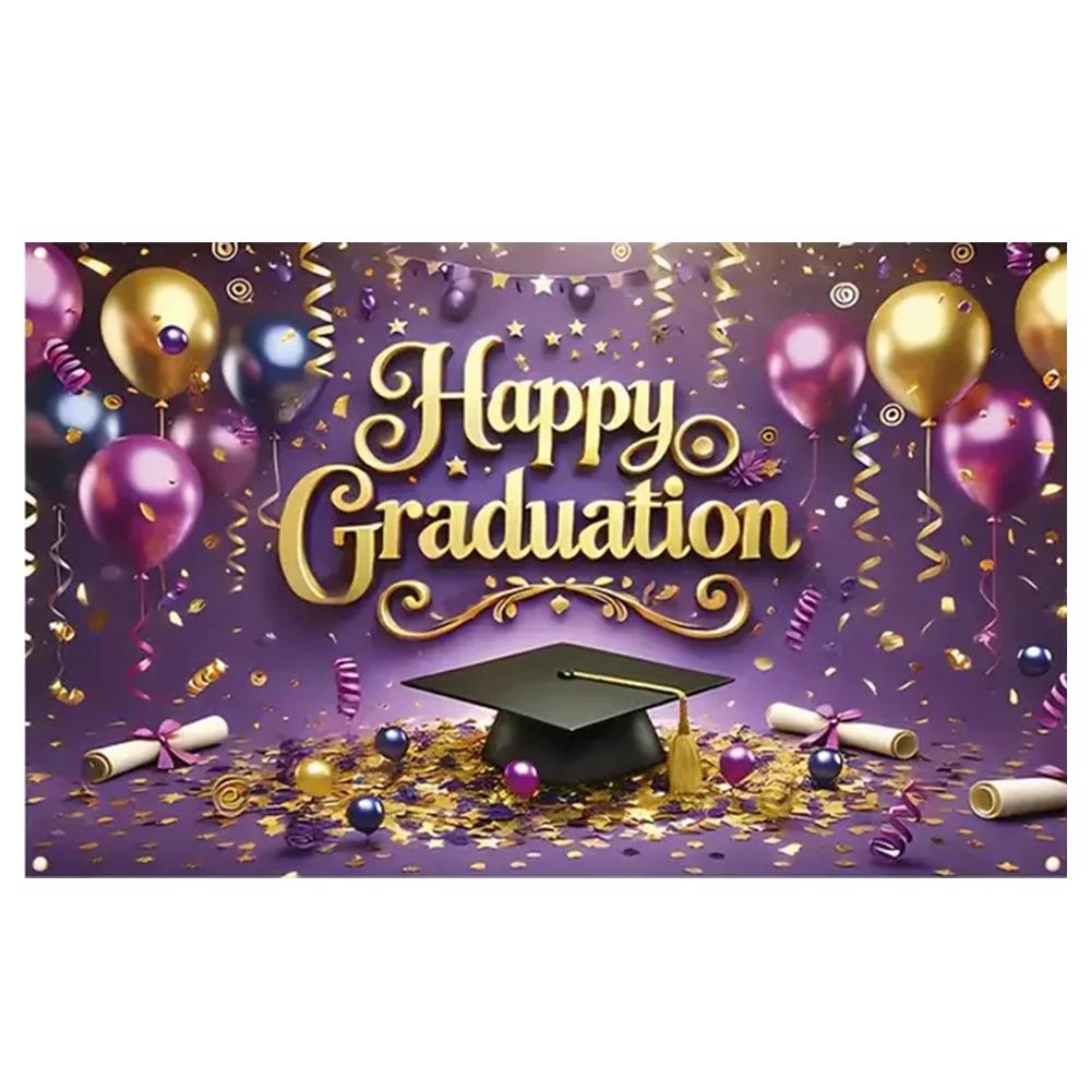2025 Happy Graduation Backdrop Glitter Balloon Bachelor Cap Grad Class of Graduates Party Photography Background Decor Supplies
