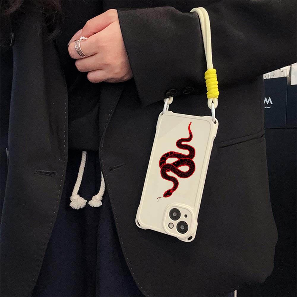 Soft Phone Cases for iPhone 16 15 13 12 11 14 Pro Max 8 Plus Four Corners Anti-Drop Protective Cover Optional Lanyard Rope N73 Black Gold Snake Design