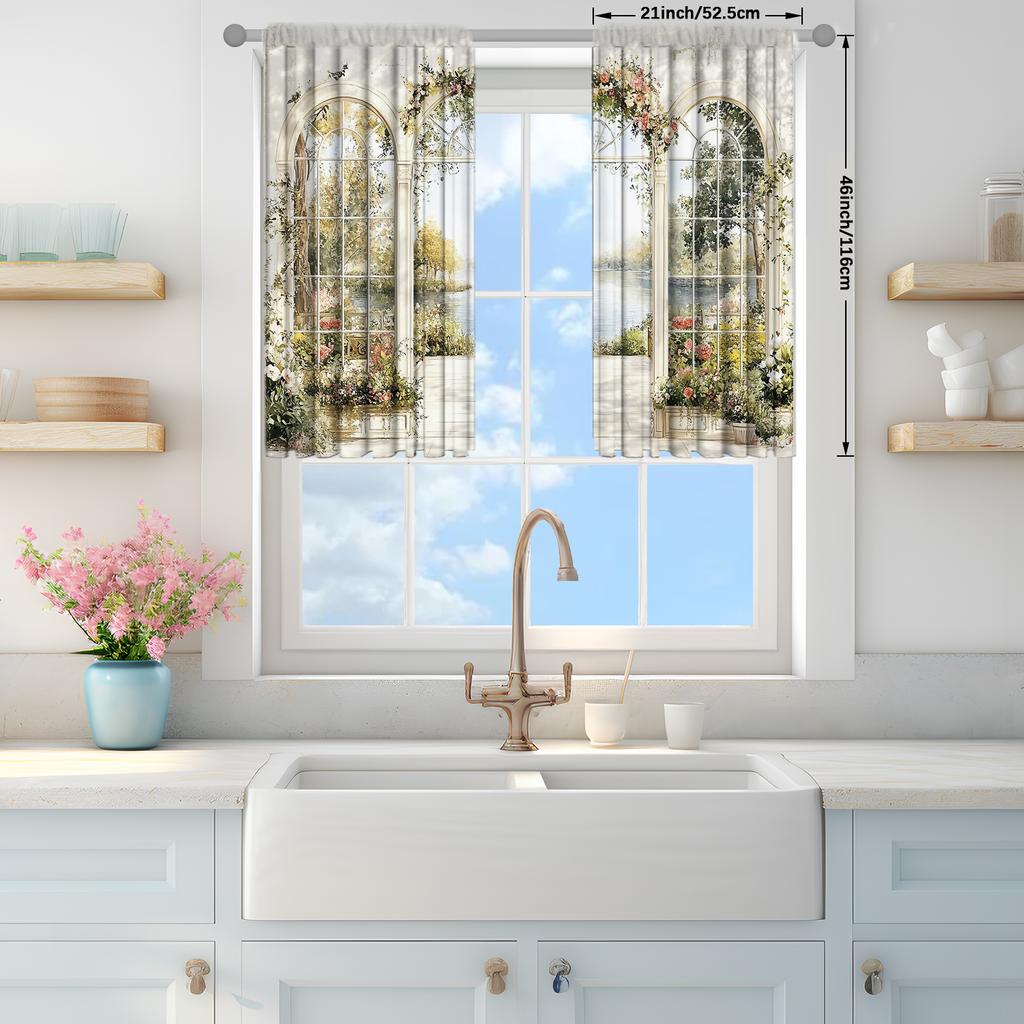 2pcs French Garden Oil Painting Printed Curtain for Home Decor - Rod Pocket Window Treatment for Bedroom, Office, Kitchen