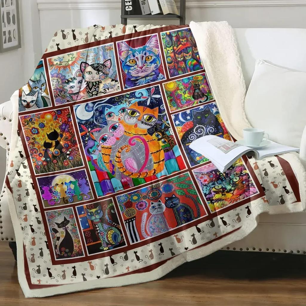 Grey and White Cats Blanket Plush Sherpa Flannel Throw Blanket for Couch Sofa Super Soft Blanket Bedroom TV Throw Blanket Full