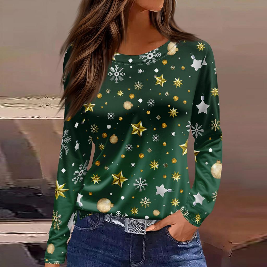 Women's Fashion Casual Slit Hem Round Neck Long Sleeve Loose Printed T-Shirt Ladies Top Christmas