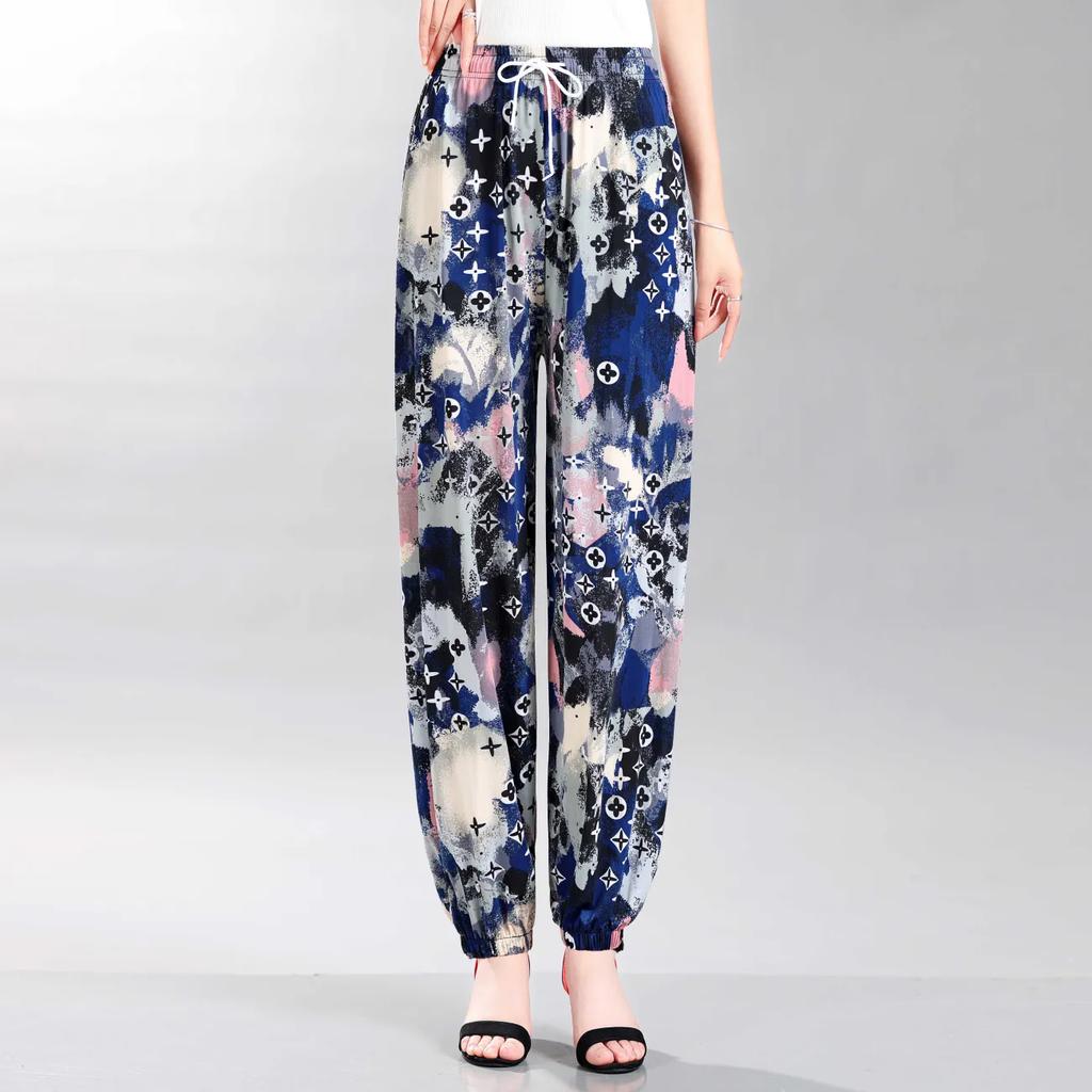WTEMPO Elastic High Waist Thin Mother's Loose Cropped Skirt Pants Women Spring Summer Floral Printed Ice Silk Wide Leg Pants