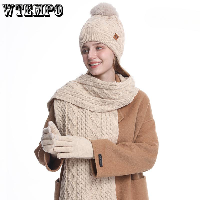 Knitted Hat Scarf Gloves Three Piece Set Women's Winter Warm Knit Hat with Fleece Outdoor Cycling Ear Protection Knitted Hat with Yarn