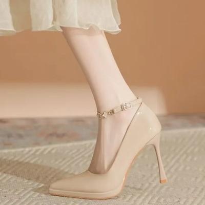 Мода 2025 Осень Новые Туфли-стилет на высоком каблуке Женские Остроносые С неглубоким вырезом Металлическая цепочка Противоскользящие Износостойкие Одинарные туфли