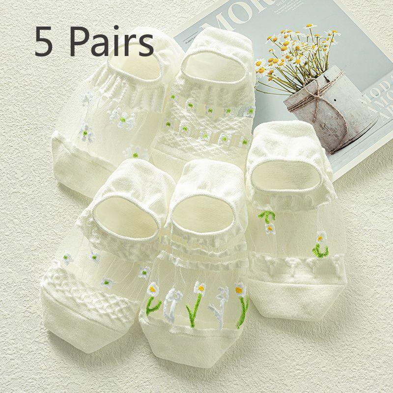 5 пар женских летних ультратонких полых дышащих прохладных белых незаметных носков-лодочек