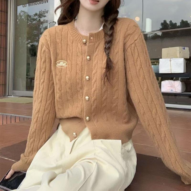 Осенний кардиган свитер с круглым вырезом на пуговицах, женский, с вязаным узором «косы», женская куртка в колледжском стиле