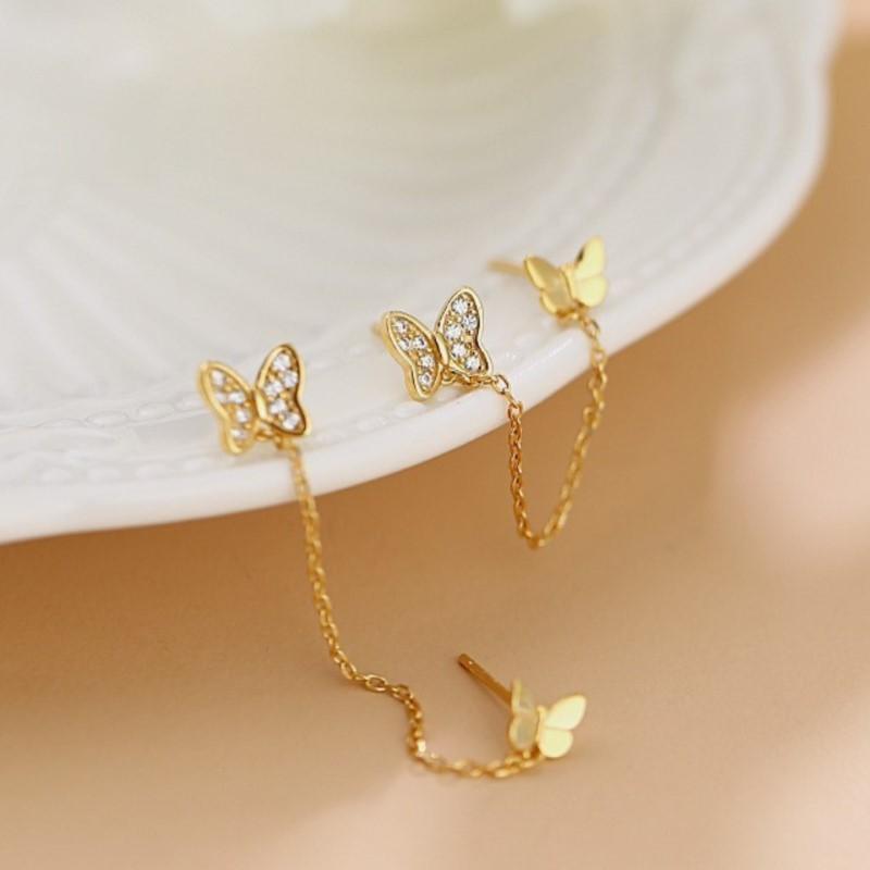 Silver Butterfly Zircon Double Ear Hole Stud Earrings for Women Statement Ear Party Jewelry Gifts