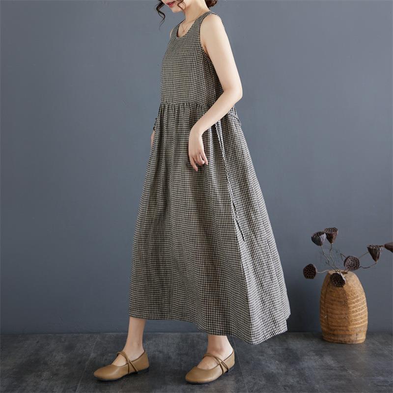 Vintage Plaid Tank Dress Crew Neck Sleeveless Base Dress Women's Long Summer Dress