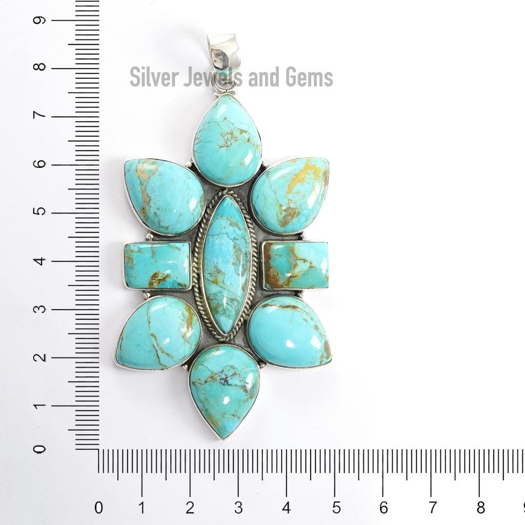 Arizona Turquoise Cluster Pendant, 925 Sterling Silver, Large Marquise Design Pendant