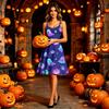 Women Halloween Print Sleeveless Off Shoulder Strap Dress Vintage A Line Fit Flare Midi Dress with Themed Pattern for Holiday Party