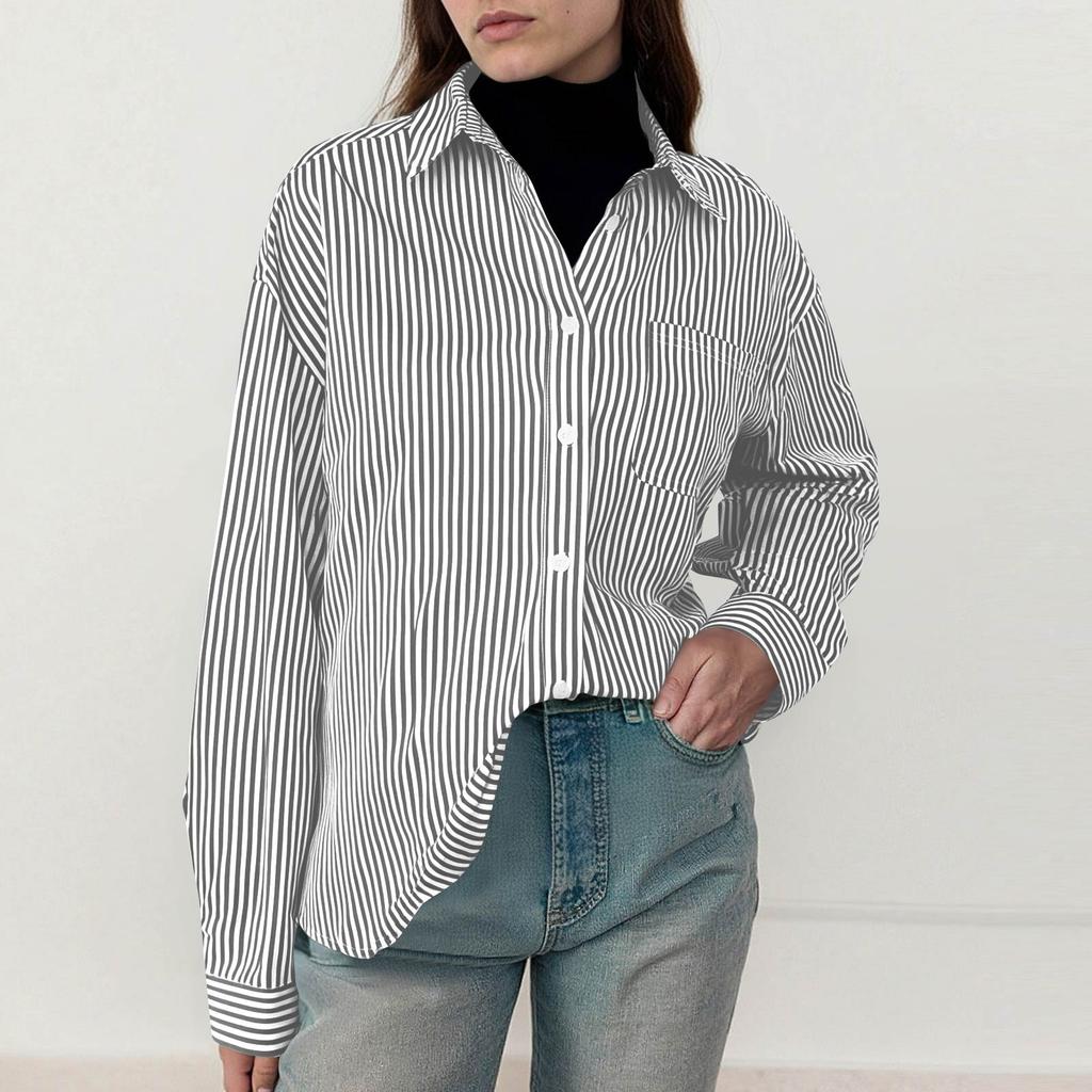 Женская полосатая рубашка на пуговицах, рубашка-платье, с длинным рукавом, повседневная рубашка с карманом