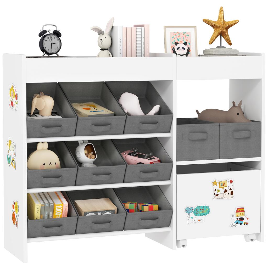 Kids Toy Storage Unit With 11 Bins Cabinet Top Shelves 3 Stickers For Nursery Playroom White