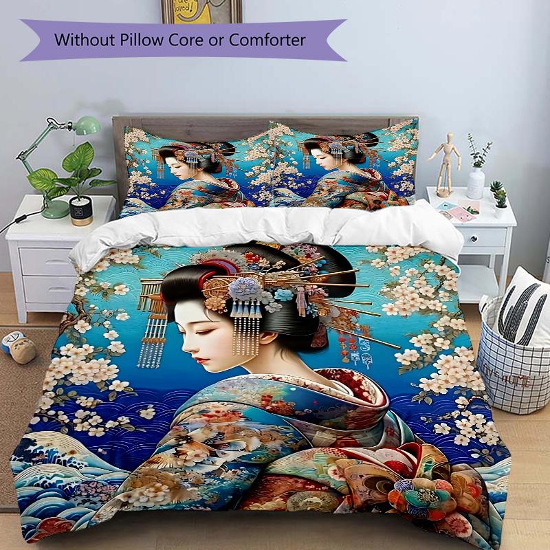 3pcs Anime Kimono Geisha Comforter Set with One Quilt Cover and Two Pillowcases (No Core) - Home Decor, Festival Gift, Polyester Fabric, Anime Cartoon