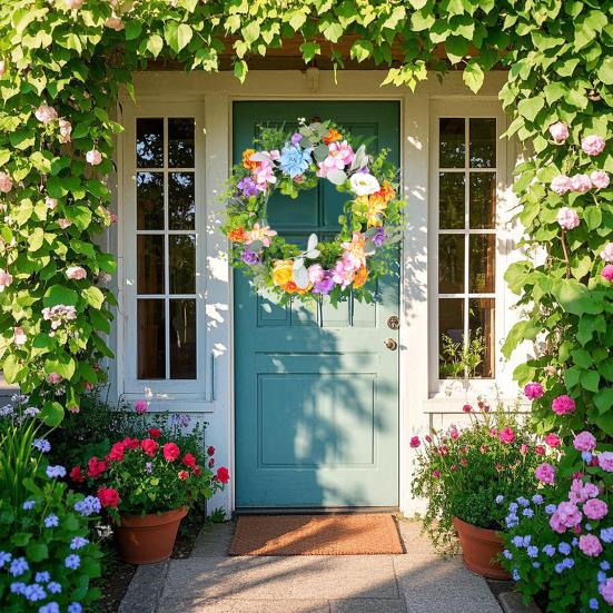 Весенний венок на дверь 17,7 дюймов, цветочный венок из зелени, искусственные цветы, украшение для входной двери фермерского дома