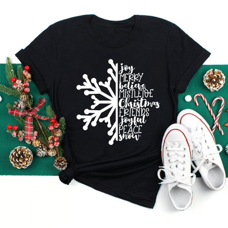 Christmas New Year Themed Print Womens TShirt Casual Short Sleeve Top For Holiday Party Festive Enthusiasts