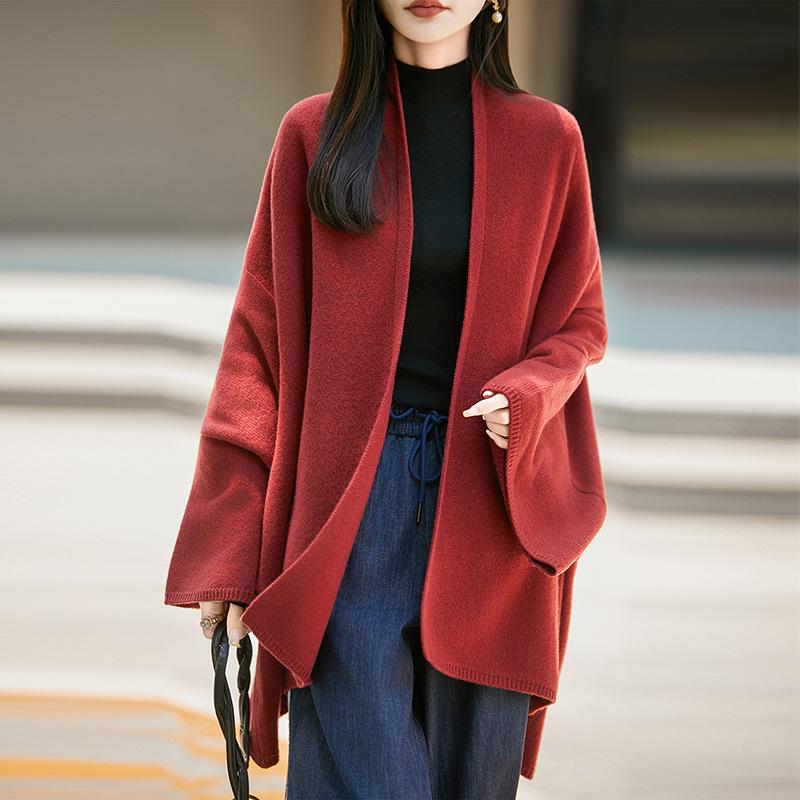 Women's 100% Wool V-neck Loose Knit Pullover Shawl - Solid Color Casual Sweater for Autumn/Winter