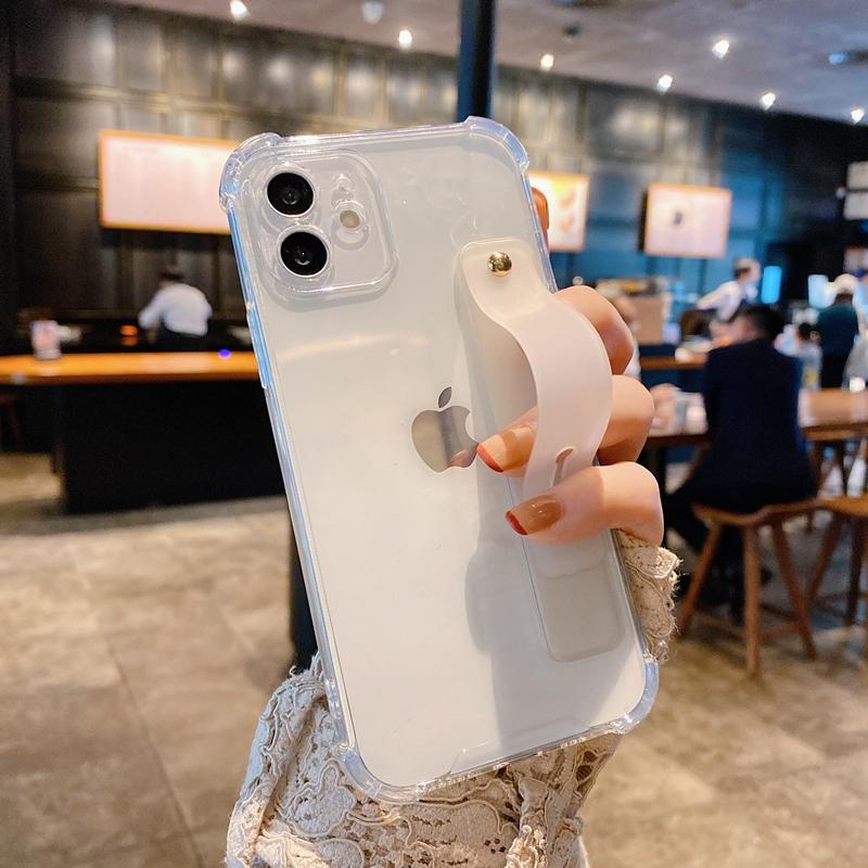 Мягкий чехол для телефона с ремешком на запястье для iPhone 11 12 13 14 15 Pro Max X XR Xs Max 7 8 Plus, мини-подставка, прозрачный бампер