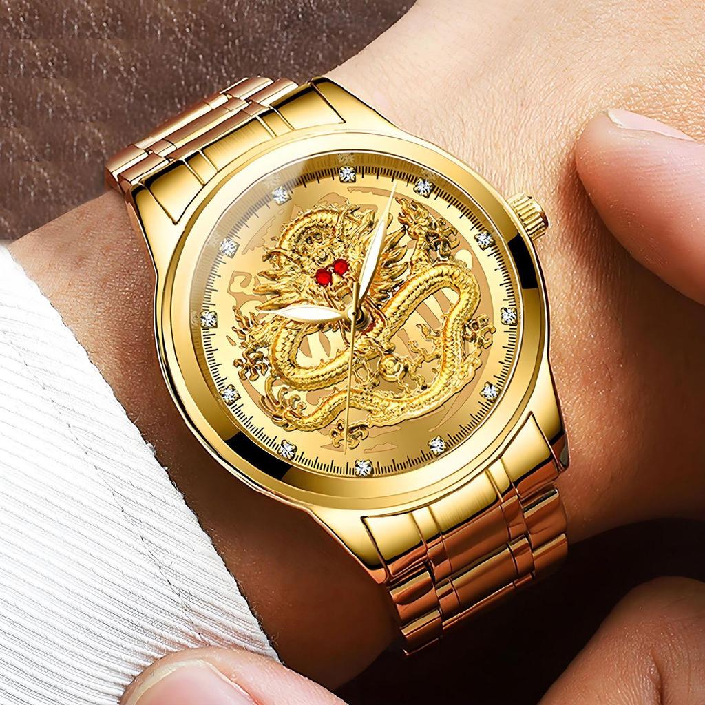 FNGEEN Men's Watch Light Luxury Relief Golden Dragon Watch Waterproof Diamond Inlaid Ruby Mens Quartz Watch