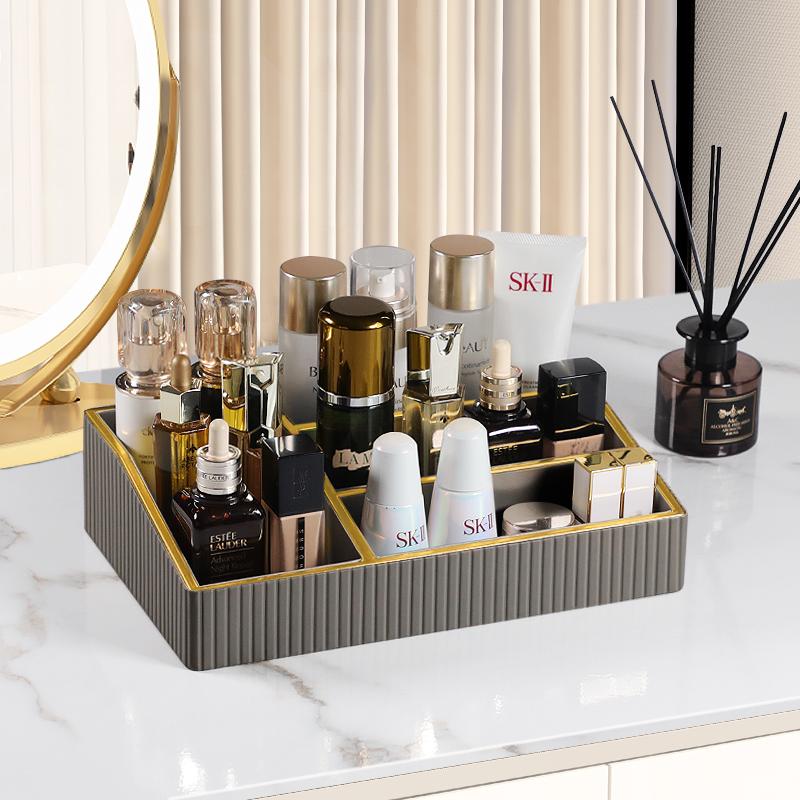 Makeup Storage Basket Bins with Dividers for Women Cosmetics Display Case Leather Skincare Multifunctional Desktop Organizers