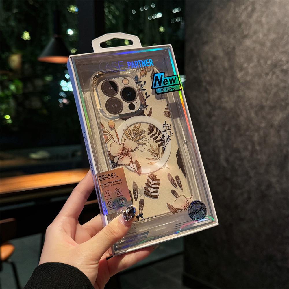 Чехол для мобильного телефона Apple 16 с упаковкой, подходит для IPhone15, двухслойный печатный магнитный чехол Magsafe Floral 11/14
