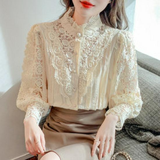 2023 Summer Lace Hollow Long-Sleeve Stand Collar Cotton Women's Shirt