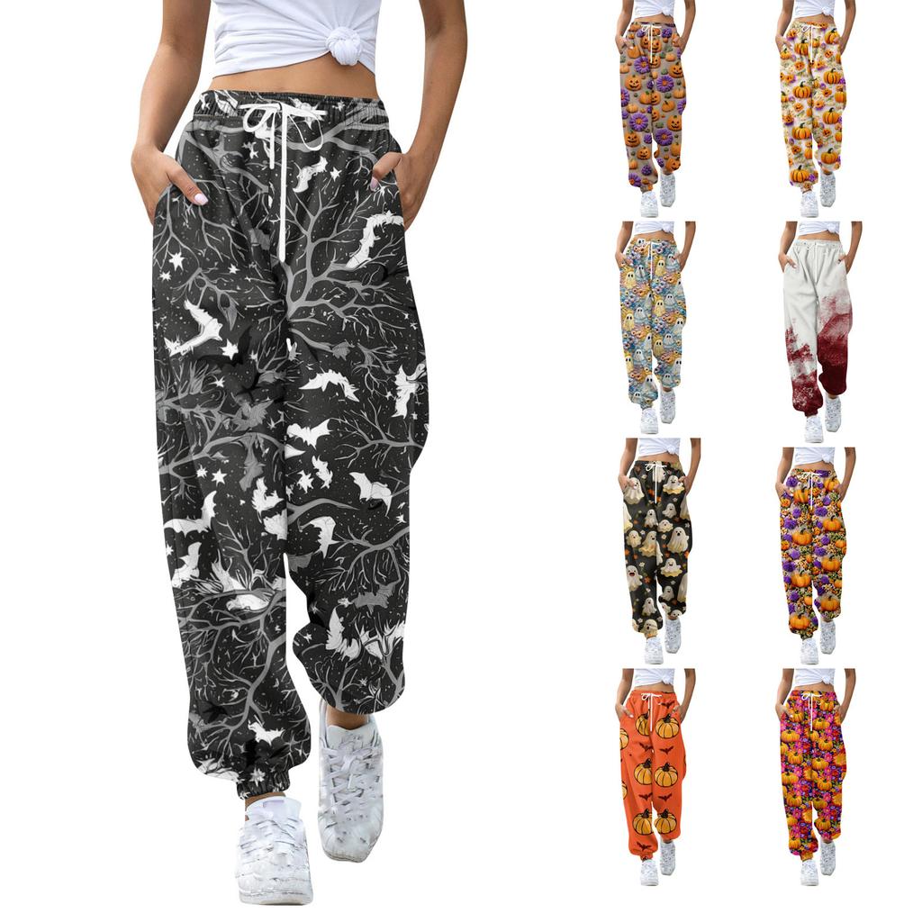 Women's Casual Fashion Halloween Print Casual Pants Sweatpants Long Pants Drawstring Elastic Waistband Cuffed Pants
