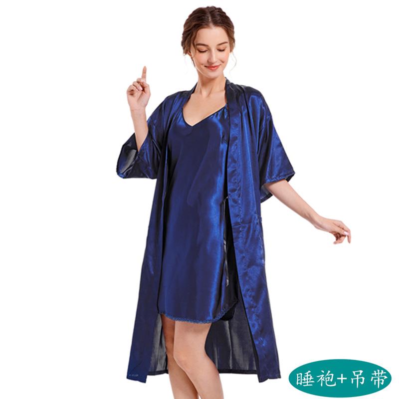 Женская домашняя одежда весна-осень средней длины, однотонная одежда для отдыха, сексуальный халат с V-образным вырезом, комплект из двух предметов, пижамная одежда из ледяного шелка