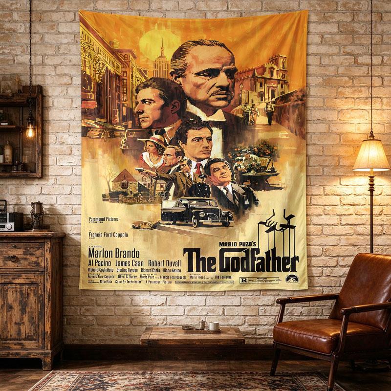 The Godfather: Warm illustrated portrait of Don Corleone over a 1940s New York street, gangster film poster in gold and brown, Wall Tapestry
