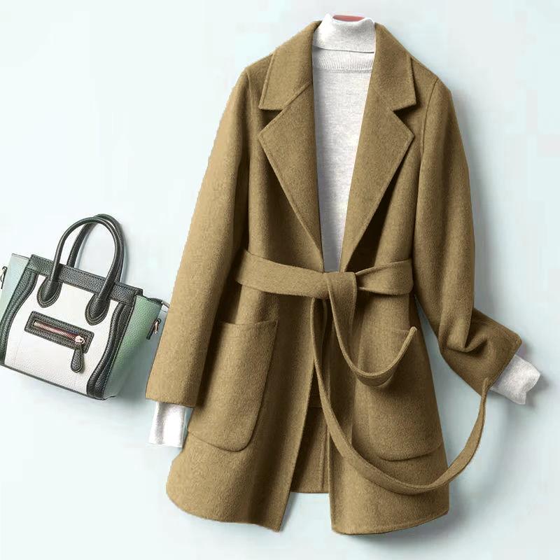 Autumn and Winter Woolen Jacket for Women's Suit Collar Lace-up To Make Them Look Slim and Versatile Wool Mid-length Coat