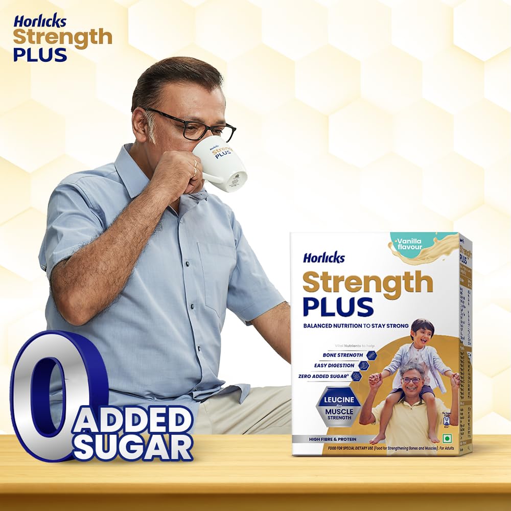 Horlicks Strength Plus Ванильный порошок 350 г Высокопротеиновый Высококлетчаточный Сбалансированное питание для взрослых