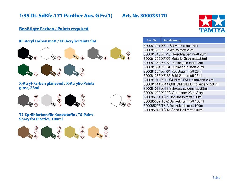 Tamiya Military Miniature Series German Army Tank Panther G Early Type Plastic Model 35170 1/35 No.170