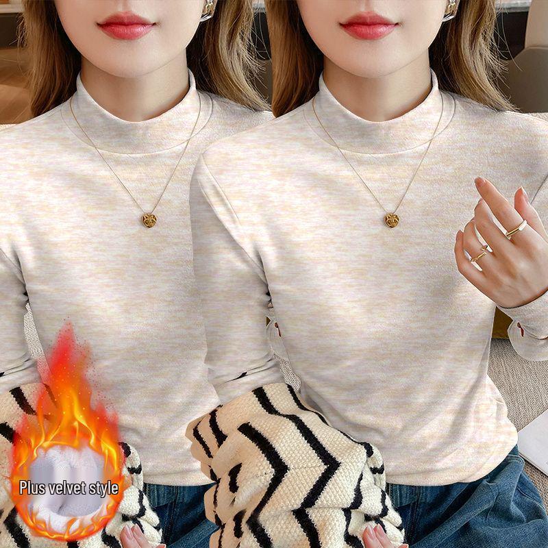 Осень 2025 Большой размер Приталенный Топ-база с длинным рукавом Свободный для женщин с воротником-стойкой