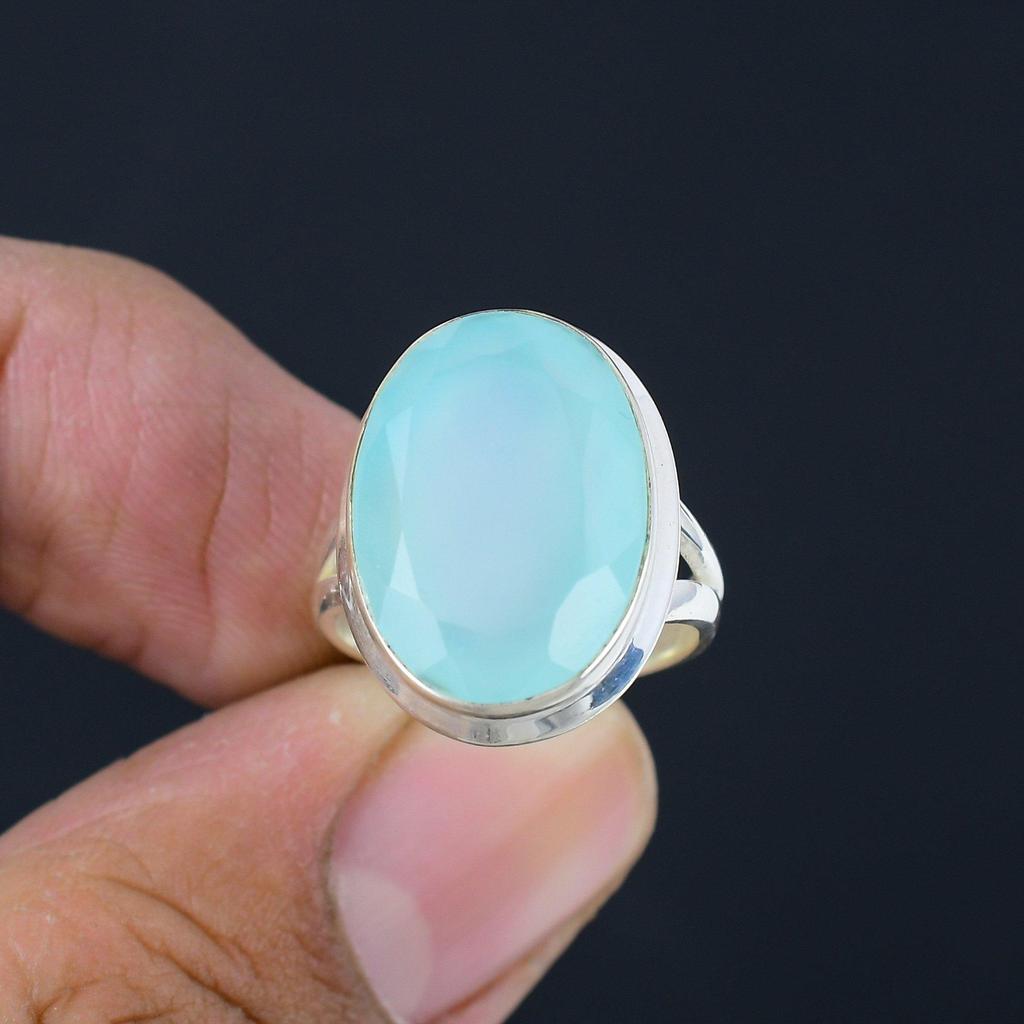 Ограненный натуральный драгоценный камень халцедон, твердое серебро 925 пробы ручной работы, подарок для ее кольца, ювелирные изделия