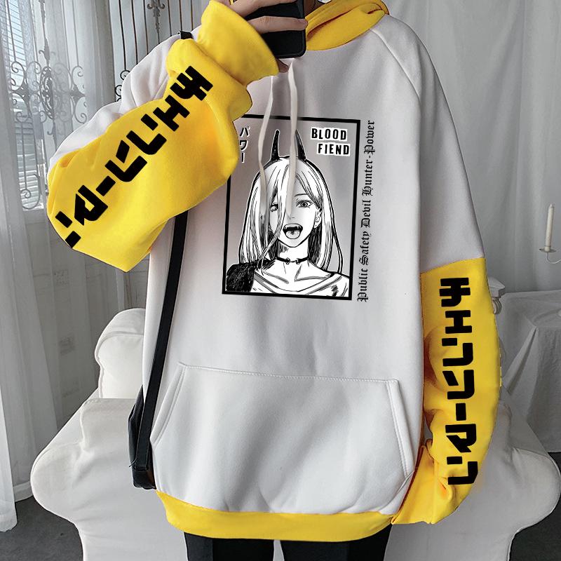 Манга Бензопила Man Power Аниме Толстовки Harajuku Толстовки с круглым вырезом с принтом Готическая зима Женская мода Повседневный лоскутный пуловер