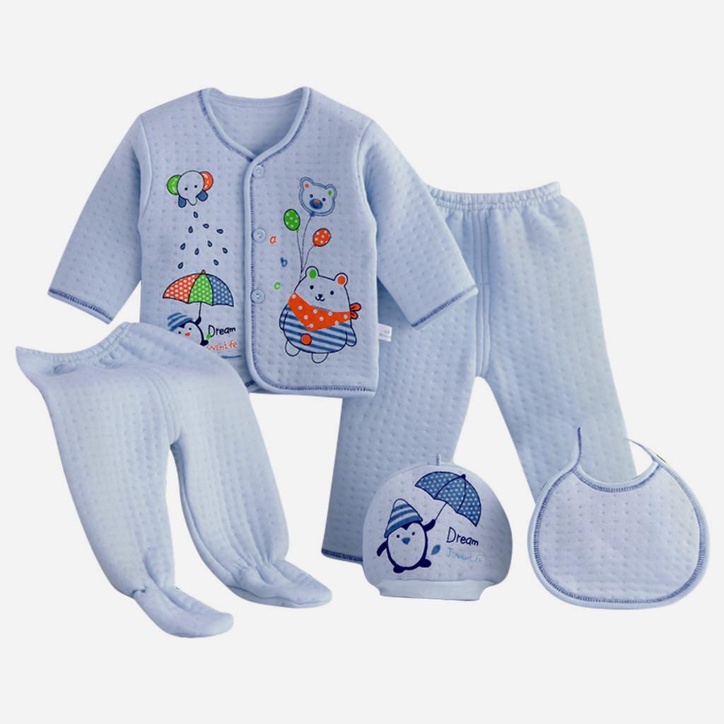5PCS Newborn Baby Boy Girl Cartoon Long Sleeve Tops+Hat+Pants +Bib Outfits Set