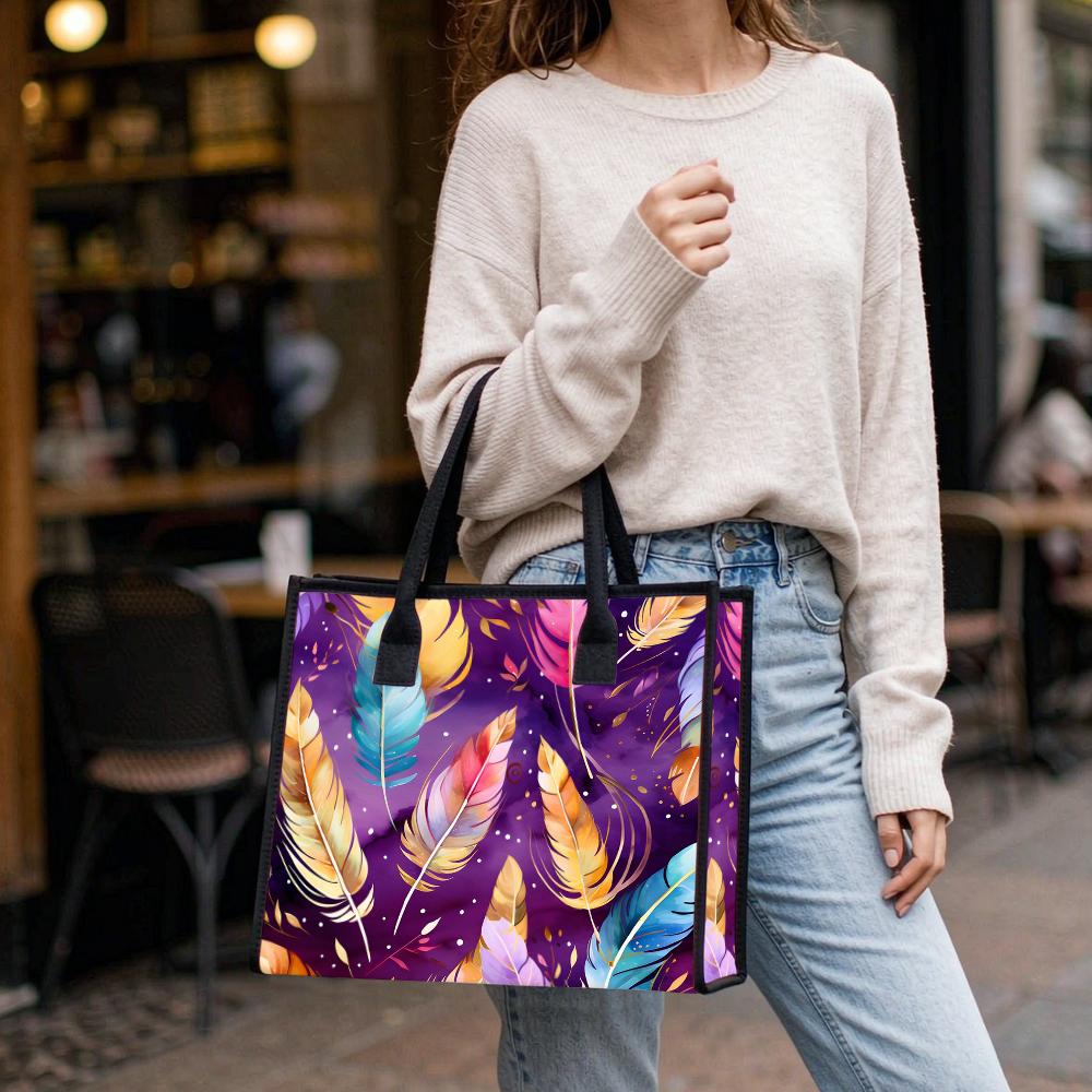 Boho Feather Print Tote Bag Large Capacity Casual Shoulder Bag for Daily Shopping Travel Portable Lightweight Handbag