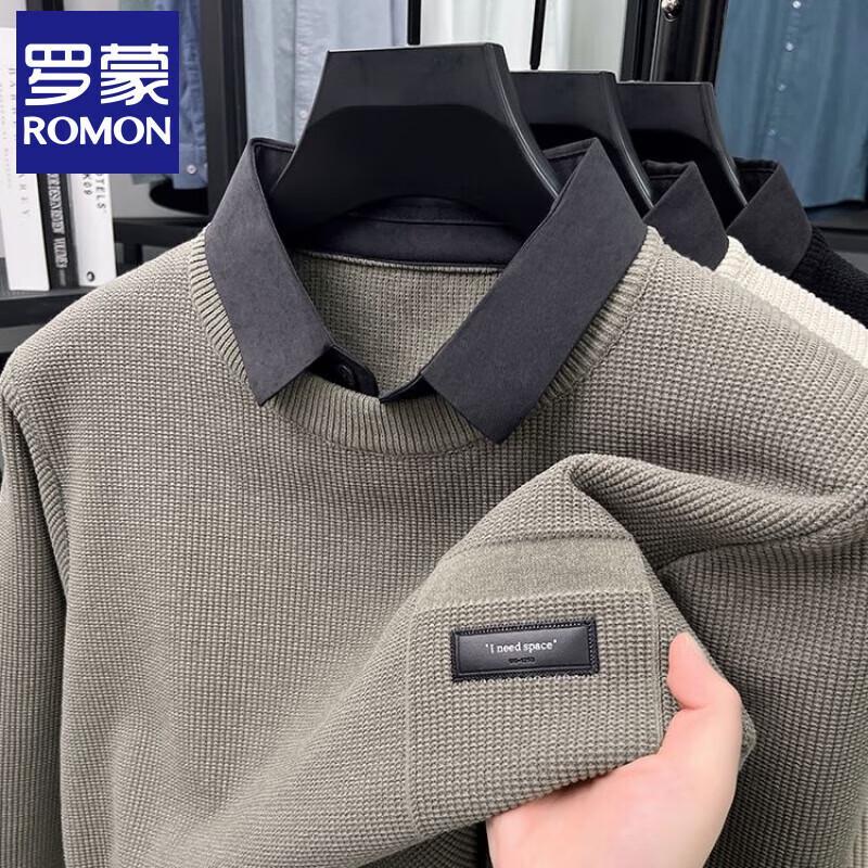 Romon Men's Faux Two-Piece Sweater with Shirt Collar