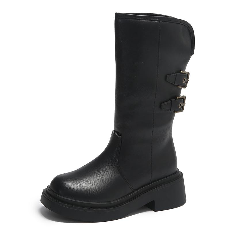 Модные женские сапоги из искусственной кожи на толстом каблуке до середины голени, классические однотонные сапоги на платформе с двойной металлической пряжкой, осенние сапоги с круглым носком Mujer
