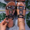 European and American Foreign Trade Large Size Buckle Flat Bottom One-word Shoes Women's New Open-toed Beach Cool Slippers 2025