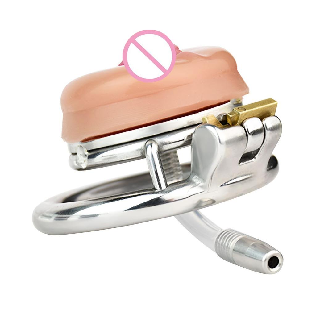 FAAK Strapon Stainless Steel Chastity Device Urinary catheter Flat Cock Cage With Silicone Realistic Clitoris Sex Toys For Men