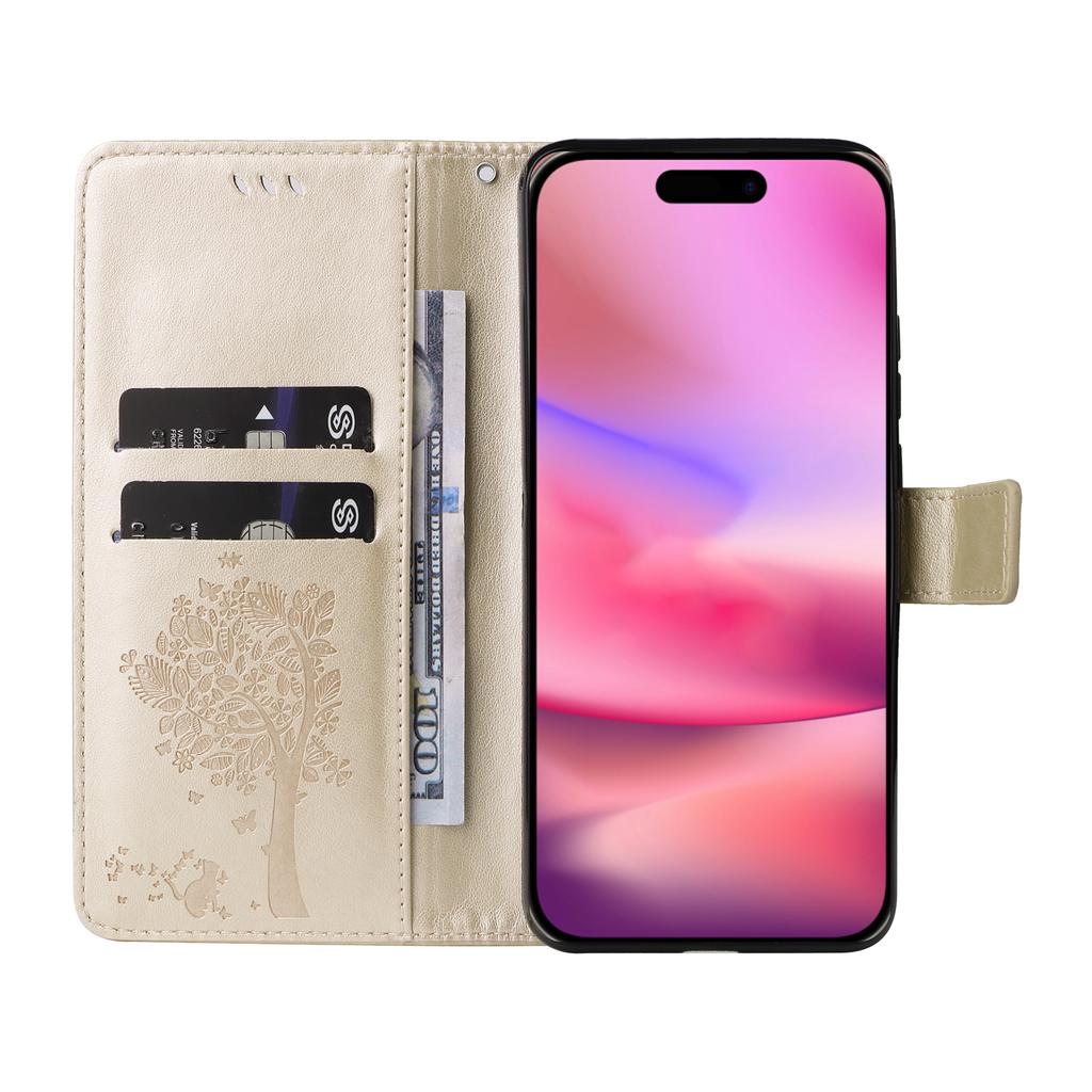 For iPhone 16 Phone Case with Stand Cat Tree Pattern Leather Wallet Mobile Cover