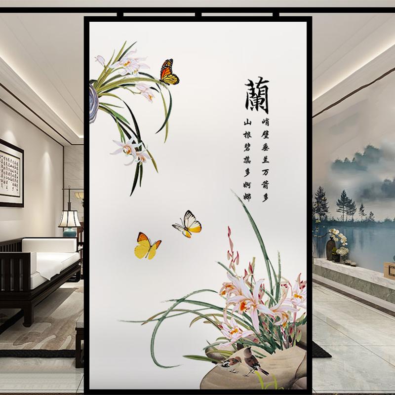 Chinese Ink Bamboo Orchid Flower Painting Glass Film Privacy Windows Film Static Cling Home Decor Stained Window Stickers