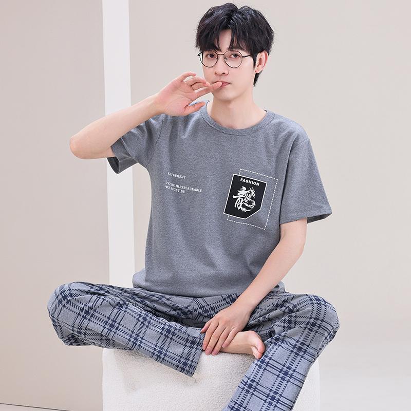 Summer Soft Cotton Pajamas Set for Men Fashion O-neck Pyjamas Short Sleeved Plaid Pants Home Suit