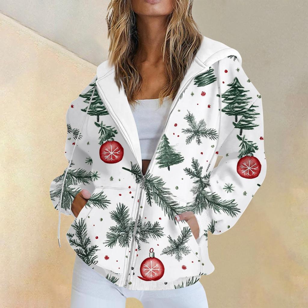 Женская повседневная рождественская печатная толстовка на осень и зиму с длинными рукавами и карманом на молнии с капюшоном