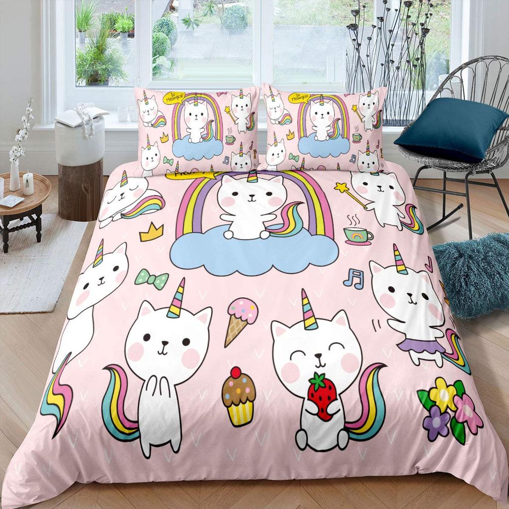 Cartoon Cat Pattern Duvet Cover Queen King Size Soft Bedding Set For Girls Toddlers Teens 3 Piece Set With 2 Pillowcases