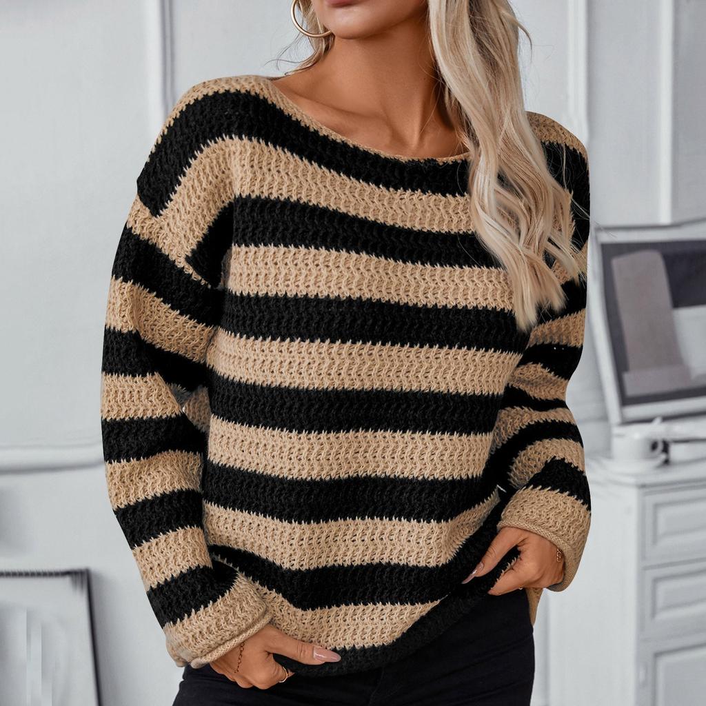 Женский полосатый свитер с круглым вырезом и длинным рукавом, цветные трикотажные топы, повседневные трикотажные пуловеры, свитера, модная одежда на осень