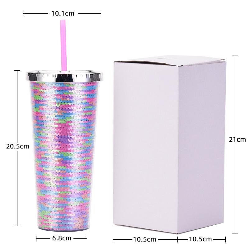 Double-Layer Plastic Cup, Sequined Straw Cup, Straight Cup, Summer Cold Drink Water Cup Can Be Determined