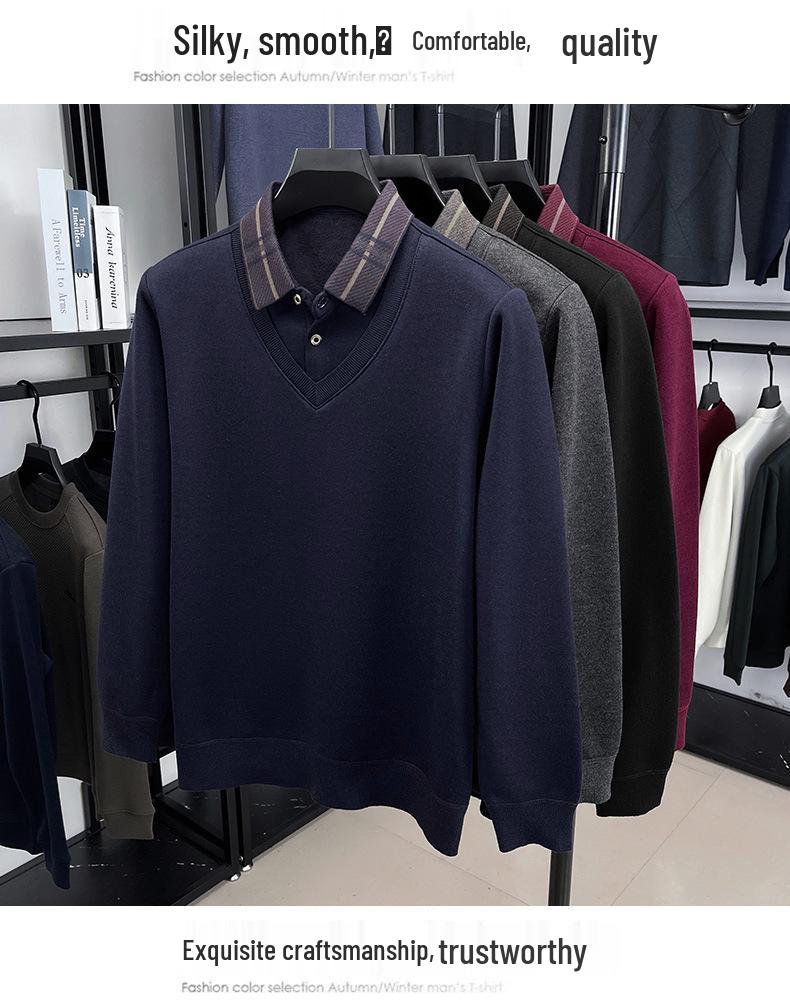 Мужской зимний утолщенный вязаный свитер с лацканами - Business Casual, С начесом, Имитация двойки